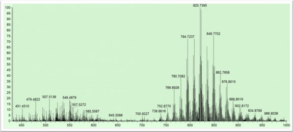 a typical mass spectrum of a fingerprint, showing peaks most evident in the 400 - 600 m/z range and the 750-950 m/z range