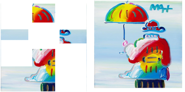 an example of a painting of someone outside holding an umbrella, in the first example many portions of the painting are blank and it is difficult to understand the full picture, but in the second all of the pieces are present and the complete picture is clear